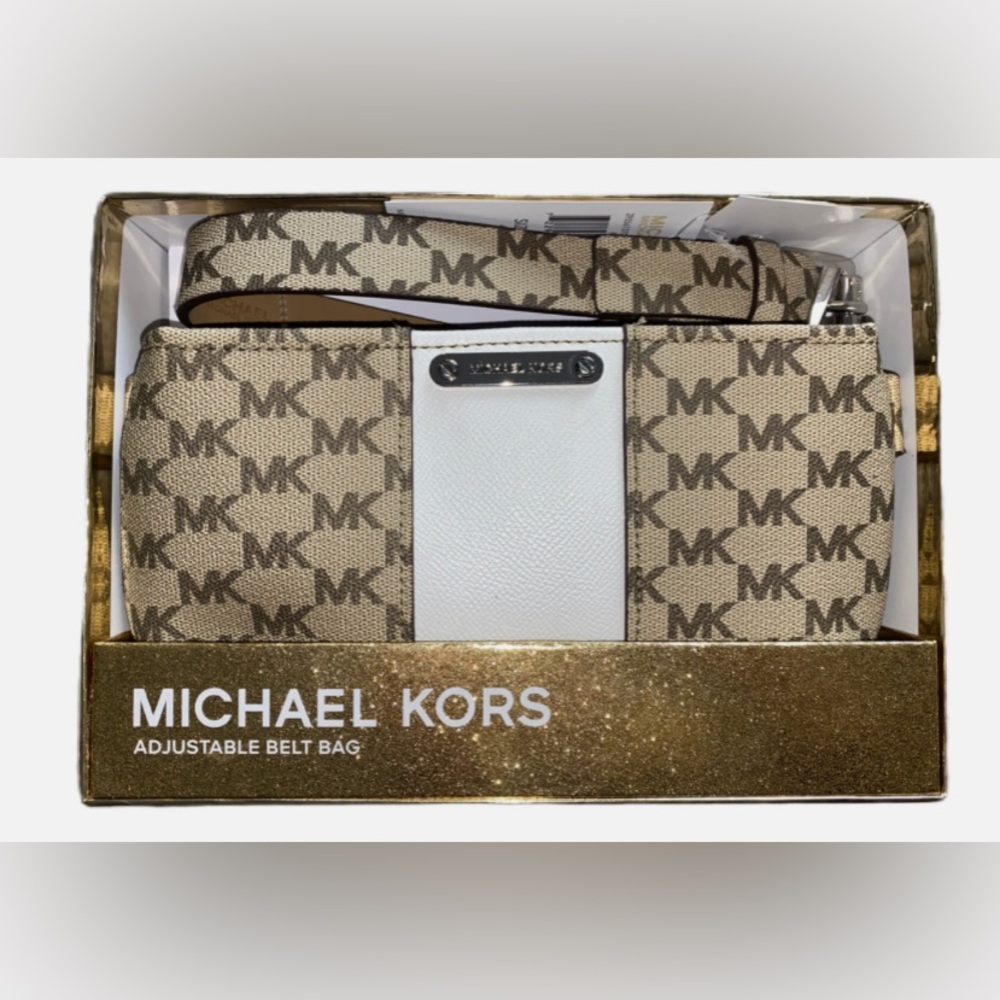 NWT MICHAEL KORS Blossom Adjustable Center Stripe Belt Bag Khaki/Vanilla L/XL